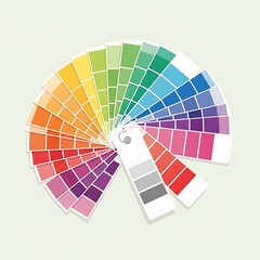 A professional color swatch fan displaying a full spectrum of vibrant hues. This organized palette is an essential tool for designers, painters, and decorators to ensure color accuracy.