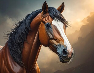 Obraz premium A brown horse with a white blaze and black mane