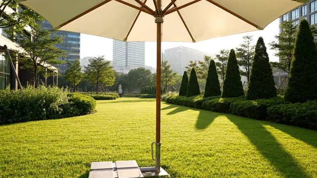 A serene urban green space is captured under bright, natural daylight, featuring a large, elegant patio umbrella providing shade over a meticulously manicured, vibrant green lawn. In the background, c