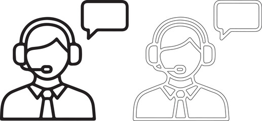 Fototapeta premium Two customer service representatives wearing headsets with speech bubbles, symbolizing communication and support.