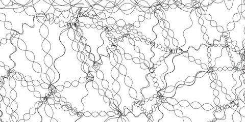 Abstract black and white seamless pattern of intertwined wavy and looped lines creating a complex network design.