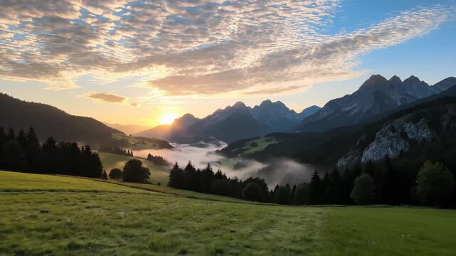 Breathtaking sunrise over misty mountain valley. Lush green fields glow under morning light. Nature's beauty captivates outdoor enthusiasts and photographers.
