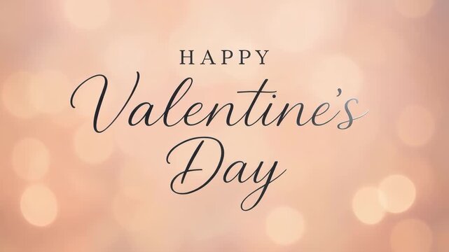 Happy Valentine's Day elegant script text on soft pink bokeh background with blurred lights, romantic greeting card design with warm peachy tones