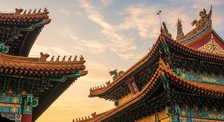 Fototapeta premium Ornate traditional eastern architectural rooftops contrast against a softly lit evening sky.