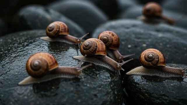 Brown Snails Crawling on Dark Wet Rocks