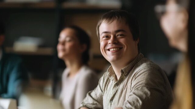 Person with Down syndrome participating in team meeting, inclusion  and equal opportunities in education or professional environments.