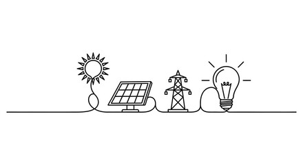 A continuous line drawing illustrates the pathway of sustainable energy from sun to solar panel to lightbulb