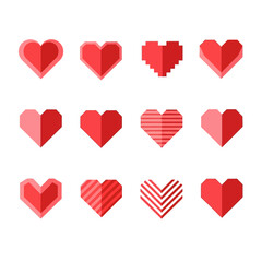 Diverse Red Heart Designs in Three Rows Showcasing 3D, Pixelated, and Striped Styles