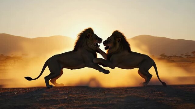 Twilight on the African savanna as two male lions clash in a cloud of dust, roaring and locking manes in a fierce territorial duel under a golden sunset	