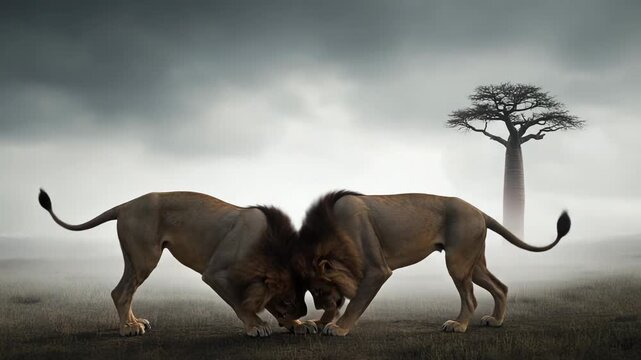 Twilight on the African savanna as two male lions clash in a cloud of dust, roaring and locking manes in a fierce territorial duel under a golden sunset	