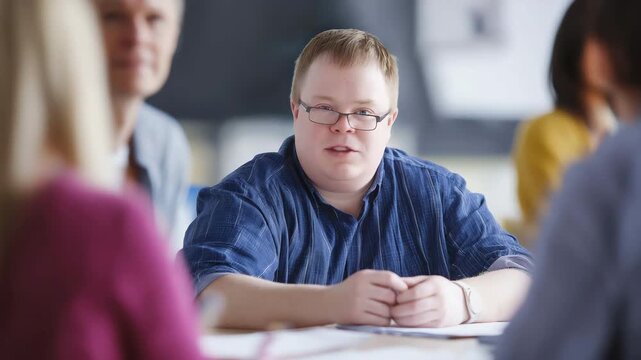 Person with Down syndrome participating in team meeting, inclusion  and equal opportunities in education or professional environments.