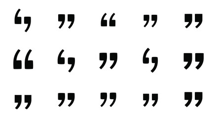 A collection of black quotation marks arranged in a grid on a white background showcasing various orientations