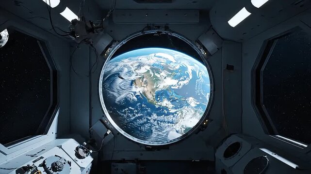 View of Earth from Space Station Observation Window Cinematic Background