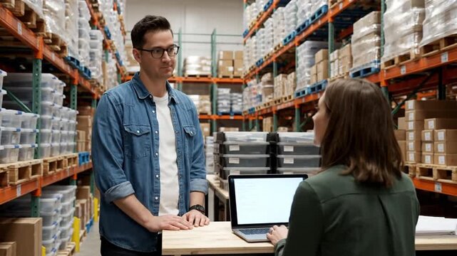 Warehouse discussion with laptop.