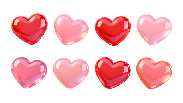 Set of glossy 3D heart icons with smooth red and pink gradients