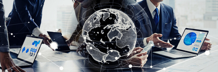 Business scene and global network concept. Wide angle visual for banners or advertisements.