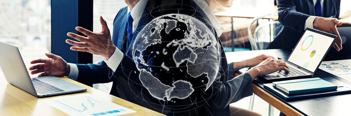 Business scene and global network concept. Wide angle visual for banners or advertisements.
