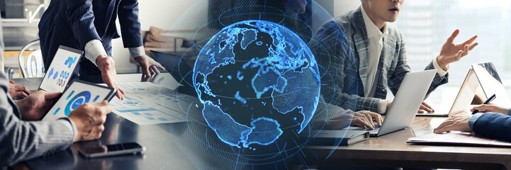 Business scene and global network concept. Wide angle visual for banners or advertisements.
