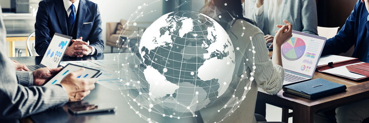 Business scene and global network concept. Wide angle visual for banners or advertisements.