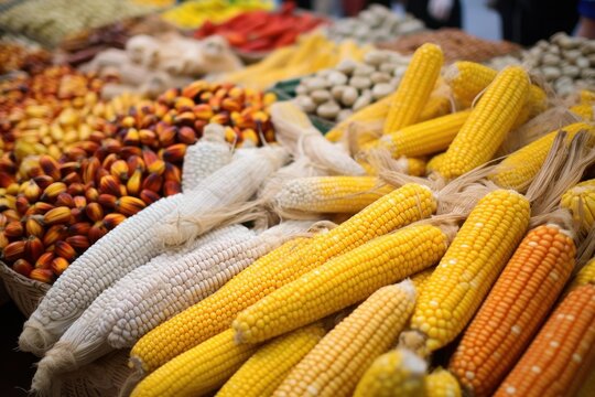 Fresh corn, palm fruits, and various grains showcasing agricultural abundance