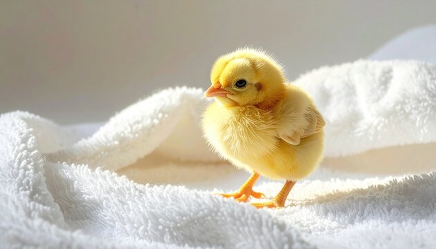 Adorable Fluffy Yellow Chick Standing on Soft White Towel.