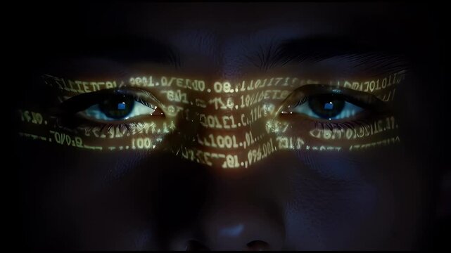 Close-up of eyes in the dark, illuminated by glowing digital code projected onto the skin, symbolizing technology, data immersion, hacking, or AI integration.