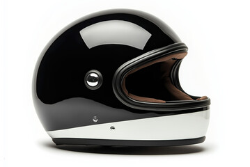 Obraz premium Sleek Motorcycle Helmet: A close-up shot of a modern, glossy black motorcycle helmet with white accents, ready to shield riders on their adventures.