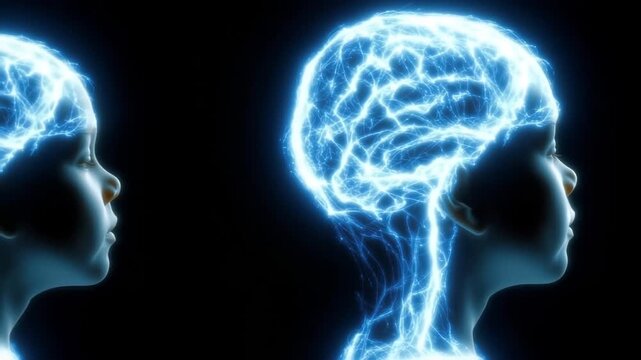 Glowing child brain neural network inside head silhouette representing developing intelligence learning and digital mind concept
