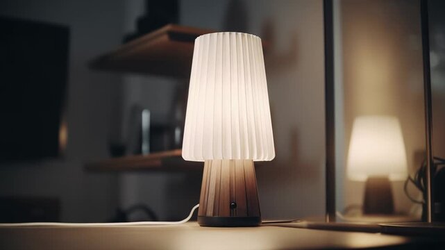 Stylish table lamp with a pleated shade and wooden base casting a warm glow, creating a comforting ambiance on a desk in a contemporary home or office environment