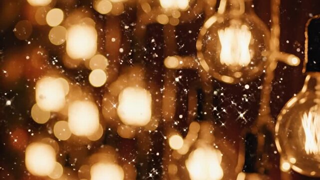 A luxurious and enchanting slow-motion shot features a mesmerizing array of warm, golden bokeh lights dancing softly in the foreground and background. Shimmering dust particles float gently through th