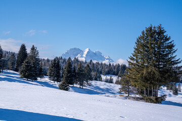 Snow-covered Buckelwiesen near Mittenwald set within the winter alpine mountains.