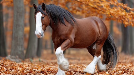 Fototapeta premium Majestic Clydesdale Stallion Strolling Through Vibrant Autumn Forest with Colorful Fallen Leaves