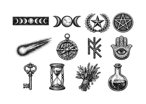 Vintage esoteric symbols collection featuring celestial phases, alchemy, and mystical icons
