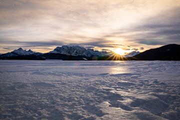 Snow-covered Buckelwiesen near Mittenwald set within the winter alpine mountains.