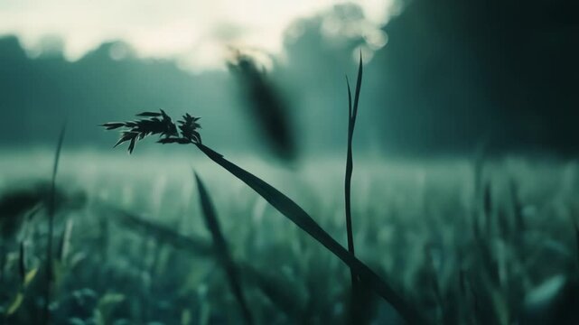Tall grass with seed heads stands silhouetted against a soft, misty background, capturing the quiet essence of a serene natural landscape during an atmospheric morning
