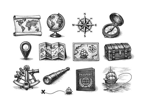 Vintage travel adventure icons with nautical and exploration elements