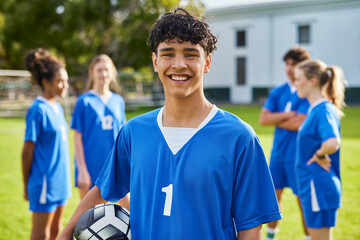 Happy smiling guy holding soccer ball at football field