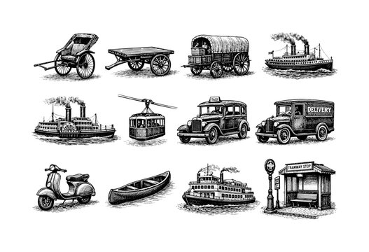 Vintage transportation set with hand-drawn vehicles and retro designs
