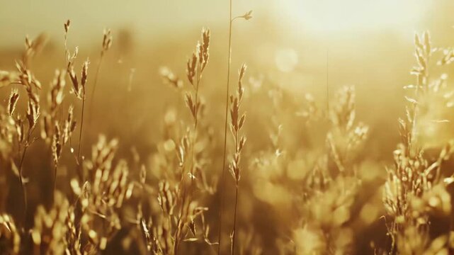 Tall grass stems glow in warm golden light, creating a serene and natural background texture, evoking feelings of summer, tranquility, and evening or morning beauty