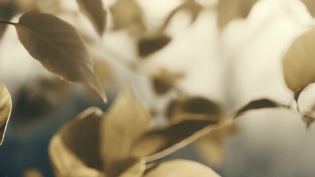 Delicate golden leaves on a sunlit branch, warm diffuse light and soft bokeh creating a tranquil, hazy background evoking serene late summer to autumn atmosphere