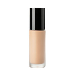 Sleek frosted glass bottle of light beige liquid foundation with black cap, isolated on transparent background