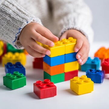 A child's hands building a colorful tower with plastic blocks on a white table