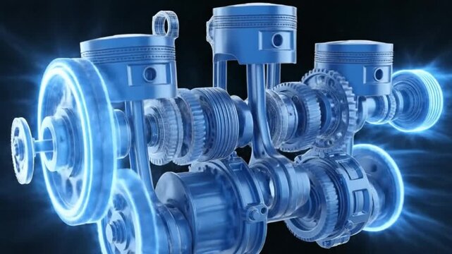 Detailed 3D rendering of an internal combustion engine, showcasing intricate mechanical components.