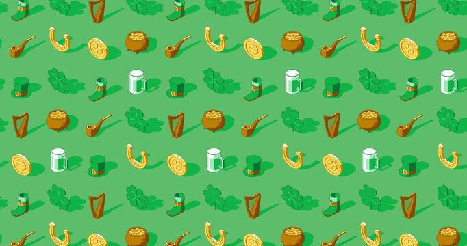 Seamless pattern loop animation of St. Patrick's Day icons on green background