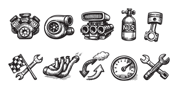 Hand-drawn vector illustration depicting automotive performance parts and tools like engine, turbo, nitrous, piston and wrenches, ideal for automotive themed designs.