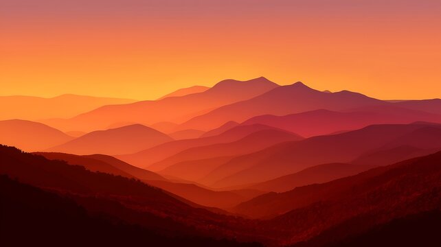 Sunset over layered mountains with vibrant orange and red hues from a distant viewpoint