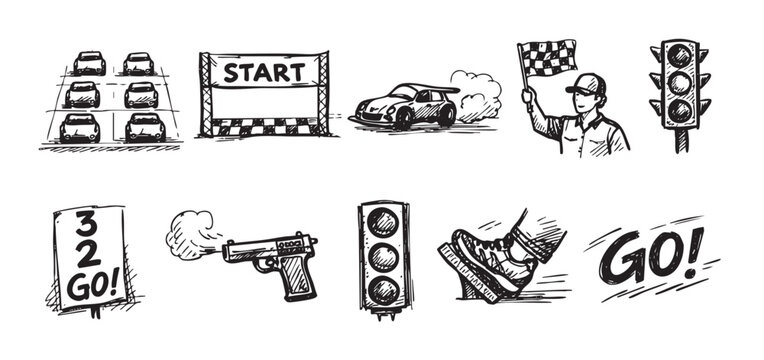 Hand drawn style illustration featuring racing cars, starting grid, finish line, flagman, traffic lights, starting gun, foot on pedal and the word "GO!".