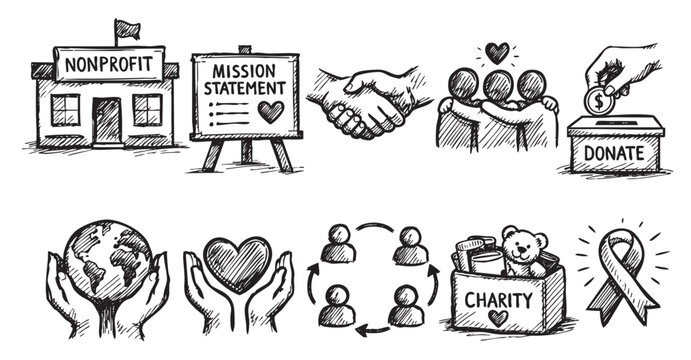 Hand-drawn sketch icons depict elements of nonprofit organizations, including donations, community, missions and charity, perfect for illustrating social impact concepts.