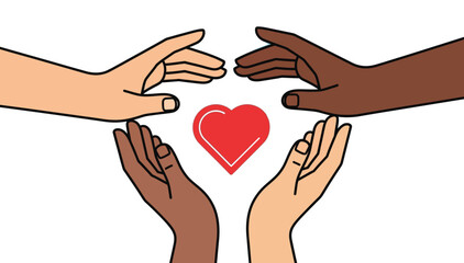 Fototapeta premium Four human hands diverse skin tones surround a red heart on white clean background simple graphic