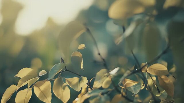 Tree branch with fresh green leaves catching warm back sunlight, creating a golden glow and natural bokeh, showing the beauty of spring growth or an autumn evening